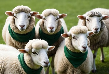 Fototapeta premium Adorable Sheep in a Field Wearing Green Bandanas. Generative Ai
