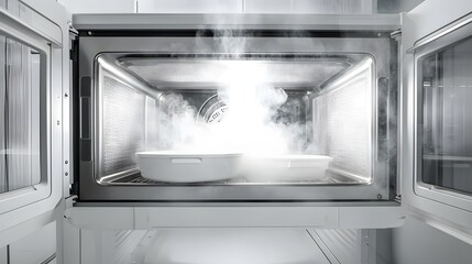 Obraz premium Close up view of steam billowing out from a microwave oven as the door is slightly ajar revealing the heated interior