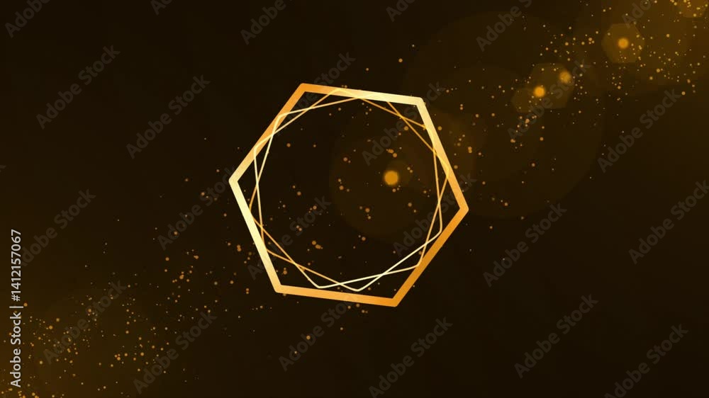 Poster dark black background with golden line hexagons with golden particles looping animation.