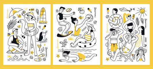 Set of postcards, posters, summer vacation concept. Summer mood, vibe. People, men and women on vacation. Doodle illustration for print