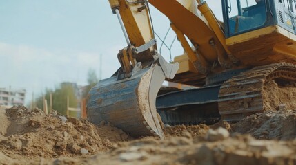 Obraz premium Construction worker operating an excavator to clear land for construction. Featuring excavation and heavy machinery