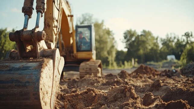 Construction worker operating an excavator to clear land for construction. Featuring excavation and heavy machinery