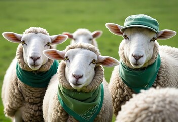 Fototapeta premium Adorable Sheep in a Field Wearing Green Bandanas. Generative Ai