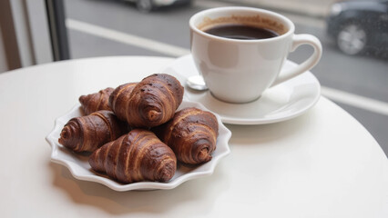 Closeup of a plate with crispy butter croissants and a cup of warm coffee in a coffee shop.