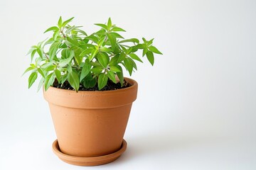 Lush green plant thriving in a terracotta pot against a minimalist background isolated on transparent background