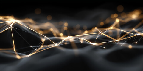 Digital gold and white neural mesh structure with glowing connection points
