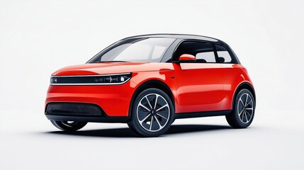 A compact brigth red electric car mockup with a modern and clean design, viewed at a front-side angle.
