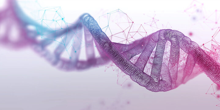 Digital pink DNA strand with molecular connections and network structure
 - Powered by Adobe