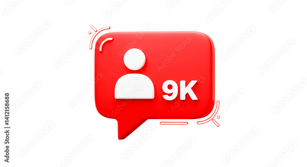 Poster a red speech bubble with a person icon and the number nine k on a black isolated background