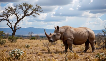 Obraz premium Rhino grazing in the african savanna wildlife photography natural habitat landscape view conservation awareness