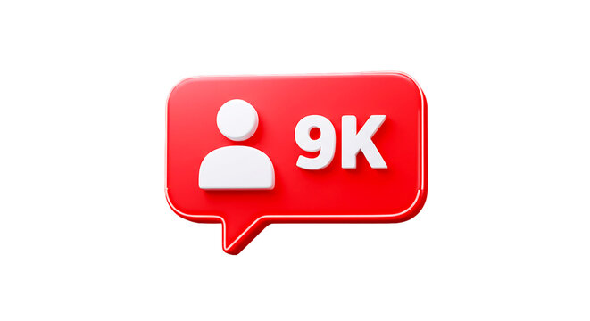 A red speech bubble with a white person icon and the text 9k on a black isolated background