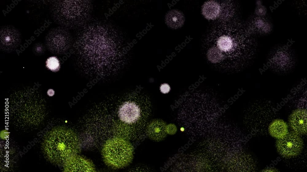 Poster abstract seamless loop falling green purple particles spark bomb animation effect on black abstract 
