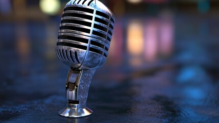 Vintage microphone on stage, night, city lights blurred background.  Possible use music, entertainment, advertisement