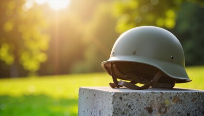 Empty soldier's helmet on memorial stone at sunset, military tribute