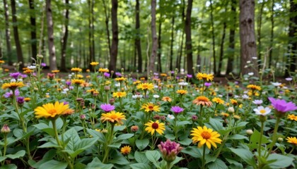 Fototapeta premium Vibrant wildflowers blooming in forest nature photography peaceful environment low angle view floral concept