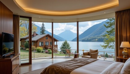 Fototapeta premium Relaxing retreat at scenic lakeside cabin stunning mountain view interior photography tranquil atmosphere