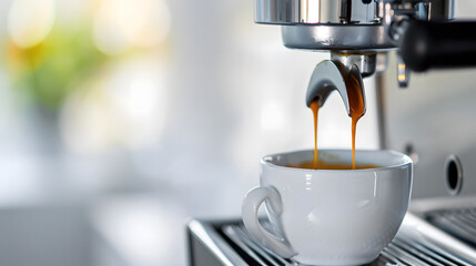 Professional shot of a coffee cup on a coffee machine in a cozy coffee shop setting