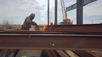 Naklejka premium Ironworker welding metal parts on a construction site. Precision and power
