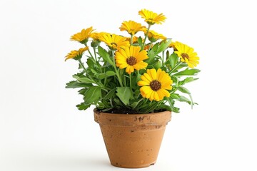 Fototapeta premium Bright yellow flowers in a clay pot, bringing joy to any indoor space on a sunny day isolated on transparent background