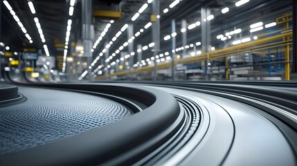 Close up view of the sleek curved rubber handrail of an escalator showcasing its fluid motion and elegant design within an industrial interior environment