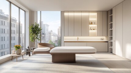 Modern spa treatment room with city view