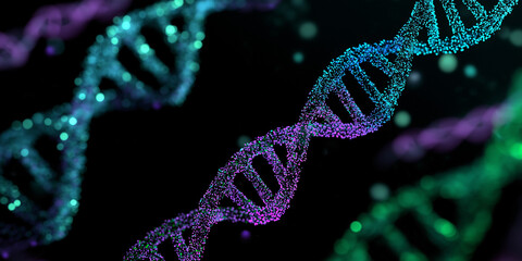 Multiple colorful DNA strands glowing with particles on black background

