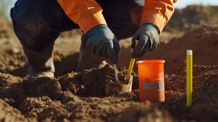 Fototapeta premium Geotechnical engineer collecting soil samples at a highway construction site. Featuring environmental analysis and planning
