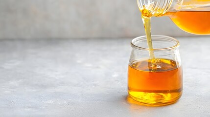 Close up view of thick golden corn syrup being poured from a bottle into a transparent glass container showcasing the viscous