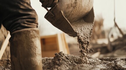 Construction worker pouring cement into a mold for foundation work. Featuring labor and precision