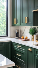Modern kitchen with green cabinets, gold hardware, and white countertops, featuring coffee maker, cutting board, and natural light from window for stylish interior look.