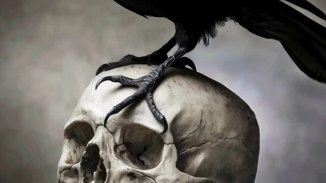 Raven Perched on Human Skull - Gothic Still Life Photography, 4K Video