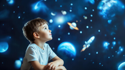 Fototapeta premium Curious boy looks up in awe at glowing planets and stars, symbolizing imagination, learning, space exploration, childhood dreams and fascination with the universe.