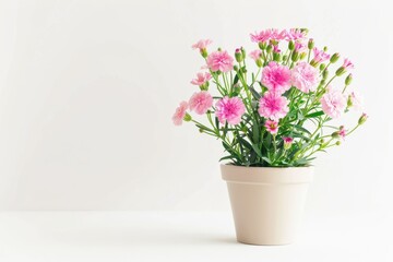 Charming pink carnations in a simple pot brighten a minimalist room setting isolated on transparent background