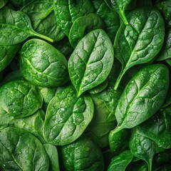Vibrant green spinach leaves glistening with fresh droplets, creating a healthy and refreshing visual texture.
