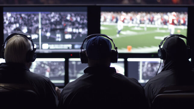 Sports broadcast team monitors live football game footage on multiple screens, coordinating production, replays, and coverage from a dark control room environment.