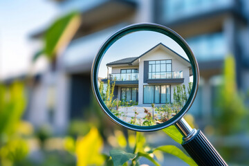 Housing Challenges Concept: Magnifying Glass on Modern Home. Generative AI