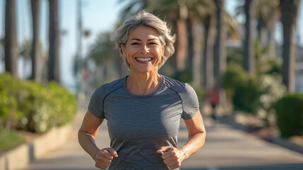 Smiling active senior woman jogging outdoors on sunny palm-lined path, showing healthy lifestyle, fitness, and joyful aging with natural energy and positivity.