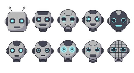 Cute robot face icons in smiling cartoon style.
