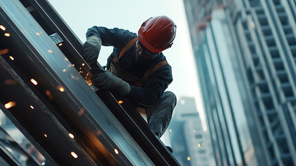 Ironworker securing metal frameworks for skyscraper construction. Featuring high-altitude labor