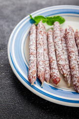 Sausage aperitif salami meat natural food dish organic product fresh tasty gourmet food background...