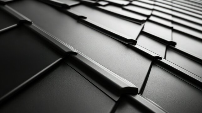 Close-up view of dark gray overlapping metal roofing tiles
