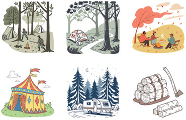 Camping Bundle. Burning Wood Fire Collection Illustrations