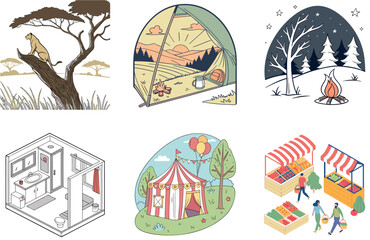 Camping Bundle. Tropical Beach Paradise Collection Illustrations
