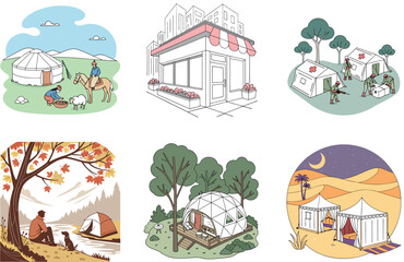 Camping Bundle. Hot Dogs Grilling Collection Illustrations