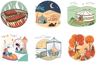 Camping Bundle. Luxurious Jacuzzi Glamping Collection Illustrations