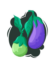 Cartoon vector illustration of vibrant eggplants with green tops on a dark abstract background. Bright, playful, and perfect for food or farm-themed designs.