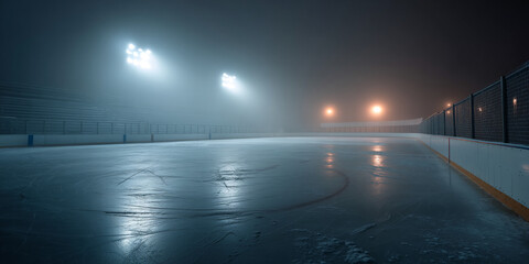 Empty ice rink at night, shrouded in fog, illuminated by stadium lights.  Scene evokes stillness, solitude, and anticipation.