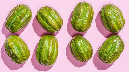 Elegant display of eight green colored chayote fruits against a pink background