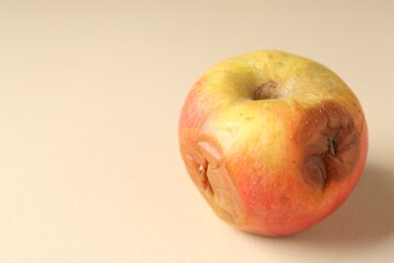 One rotten apple on beige background, closeup. Space for text