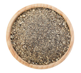 Ground black pepper in bowl isolated on white, top view